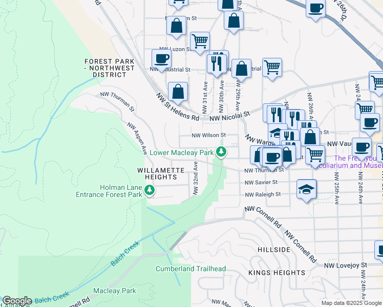 map of restaurants, bars, coffee shops, grocery stores, and more near 3148 Northwest Wilson Street in Portland