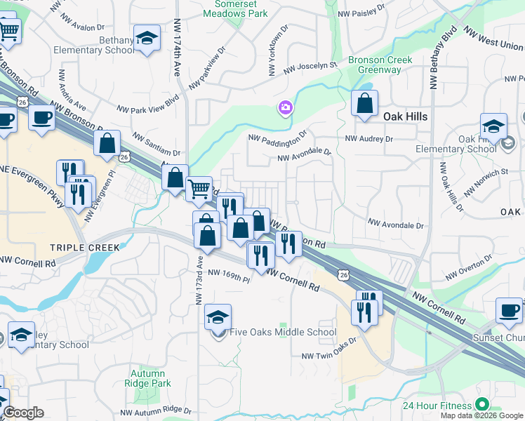map of restaurants, bars, coffee shops, grocery stores, and more near 2407 Northwest Roseburg Terrace in Beaverton