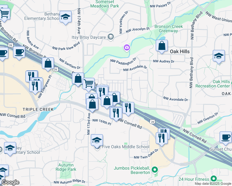 map of restaurants, bars, coffee shops, grocery stores, and more near 2407 Northwest Roseburg Terrace in Beaverton