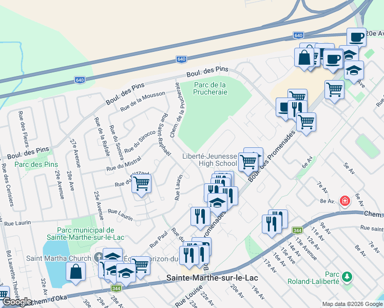 map of restaurants, bars, coffee shops, grocery stores, and more near 285 Chemin de la Prucheraie in Sainte-Marthe-sur-le-Lac