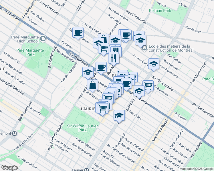 map of restaurants, bars, coffee shops, grocery stores, and more near 5227 Rue Marquette in Montréal