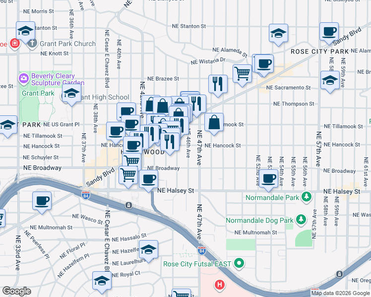 map of restaurants, bars, coffee shops, grocery stores, and more near 4530 Northeast Hancock Street in Portland