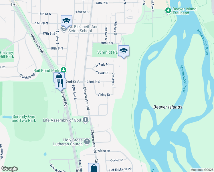 map of restaurants, bars, coffee shops, grocery stores, and more near 2115 7th Avenue South in St. Cloud