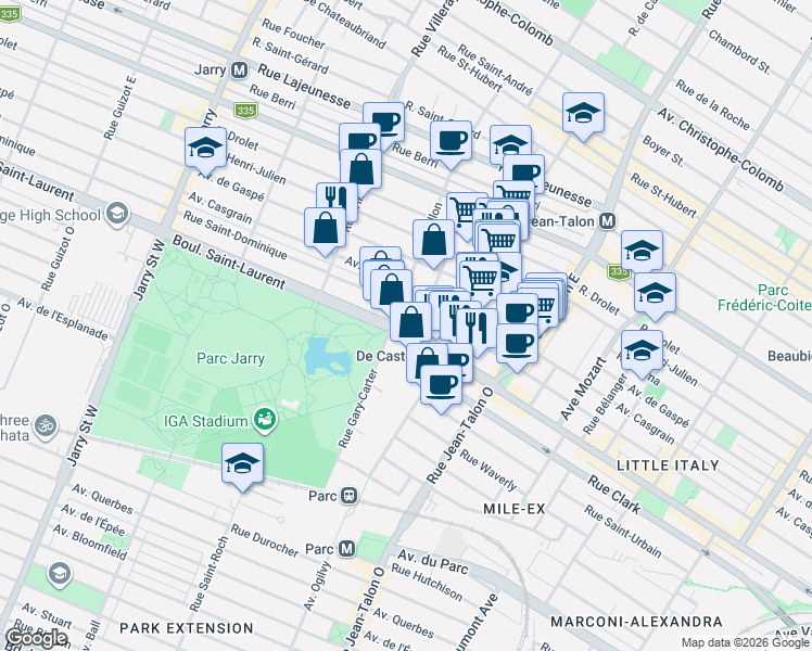 map of restaurants, bars, coffee shops, grocery stores, and more near 7449 Boulevard Saint-Laurent in Montréal