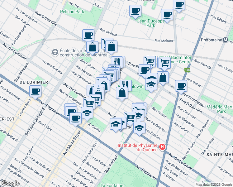 map of restaurants, bars, coffee shops, grocery stores, and more near 4434 A Rue Messier in Montréal