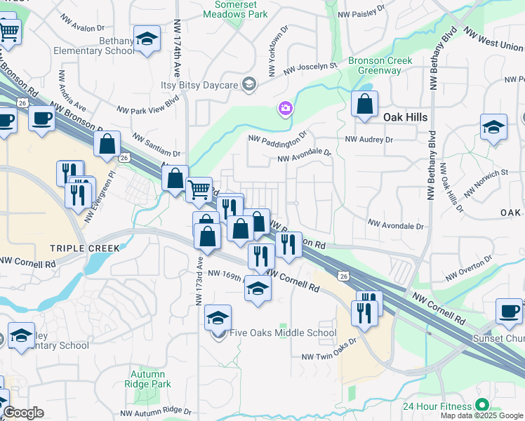map of restaurants, bars, coffee shops, grocery stores, and more near 2407 Northwest Roseburg Terrace in Beaverton