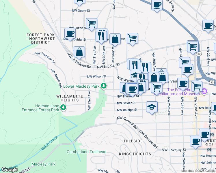 map of restaurants, bars, coffee shops, grocery stores, and more near 1905 Northwest 29th Avenue in Portland