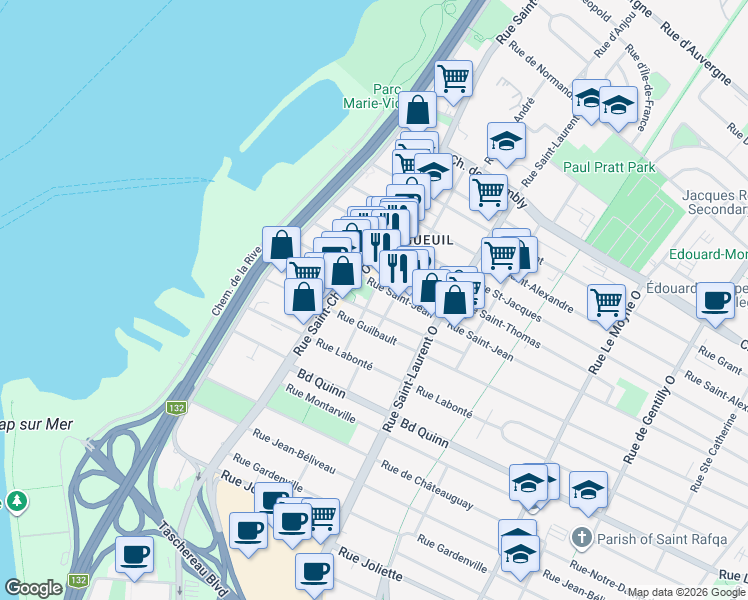 map of restaurants, bars, coffee shops, grocery stores, and more near 344 Rue de Longueuil in Longueuil
