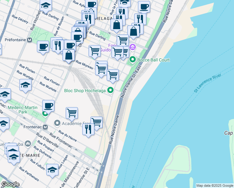 map of restaurants, bars, coffee shops, grocery stores, and more near 500 Rue Alphonse D Roy in Montréal