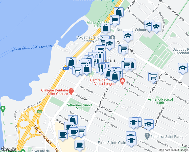 map of restaurants, bars, coffee shops, grocery stores, and more near 344 Rue de Longueuil in Longueuil