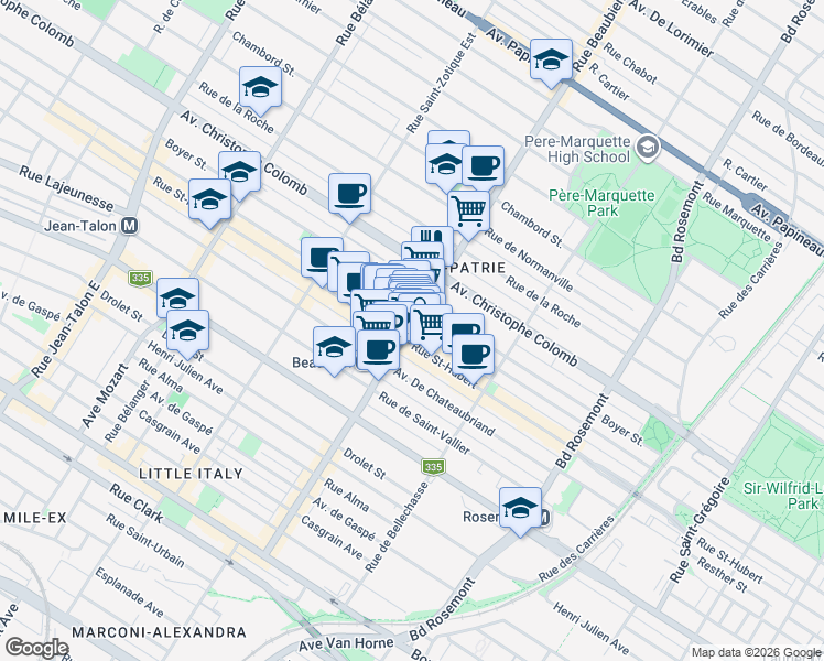 map of restaurants, bars, coffee shops, grocery stores, and more near in Montréal
