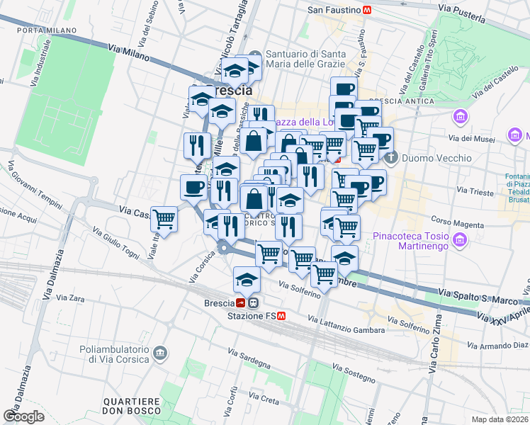 map of restaurants, bars, coffee shops, grocery stores, and more near 5 Via Fratelli Bronzetti in Brescia