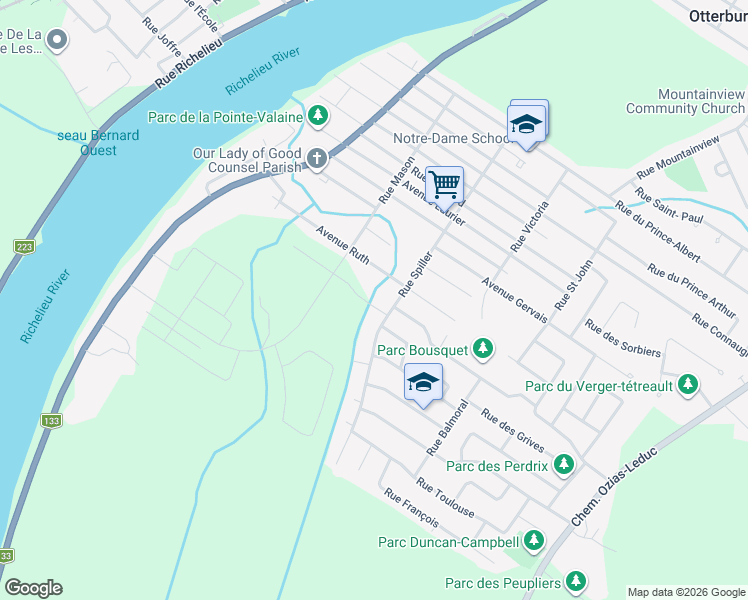 map of restaurants, bars, coffee shops, grocery stores, and more near 215 Rue Vigneault in Otterburn Park