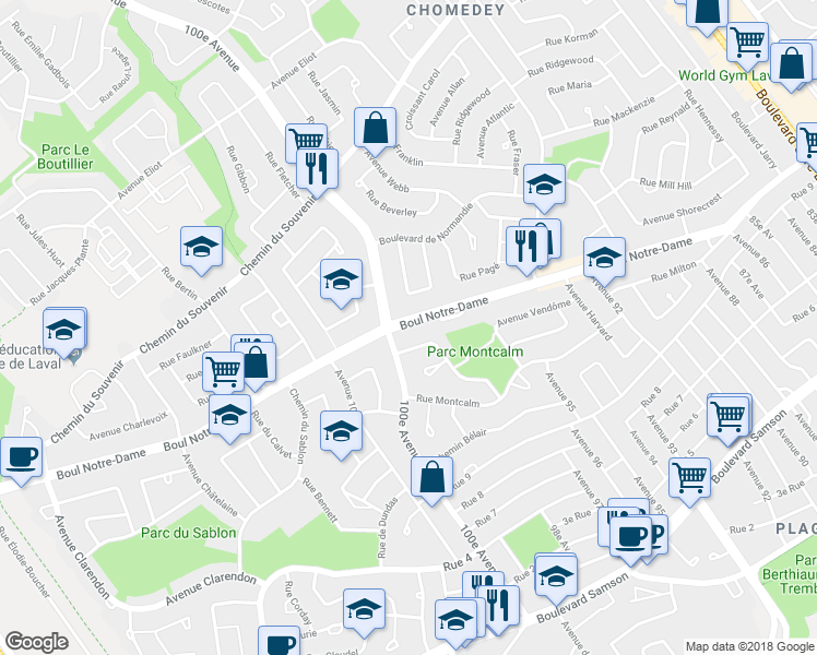 map of restaurants, bars, coffee shops, grocery stores, and more near 4614 Boulevard Notre Dame in Laval