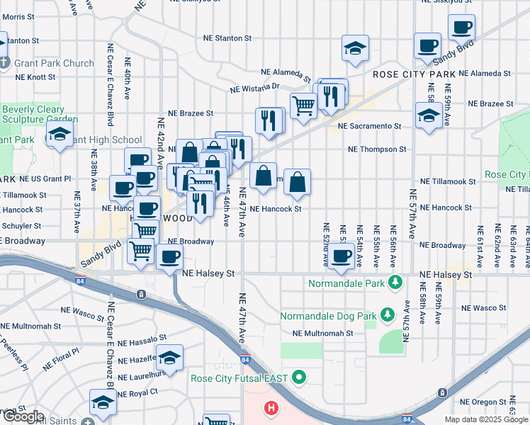 map of restaurants, bars, coffee shops, grocery stores, and more near 1927-1933 Northeast 49th Avenue in Portland