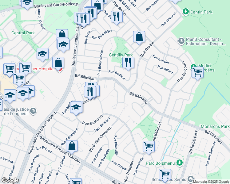 map of restaurants, bars, coffee shops, grocery stores, and more near 1461 Rue Bourgeoys in Longueuil