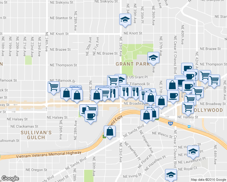 map of restaurants, bars, coffee shops, grocery stores, and more near 1999 NE 33rd Ave in Portland