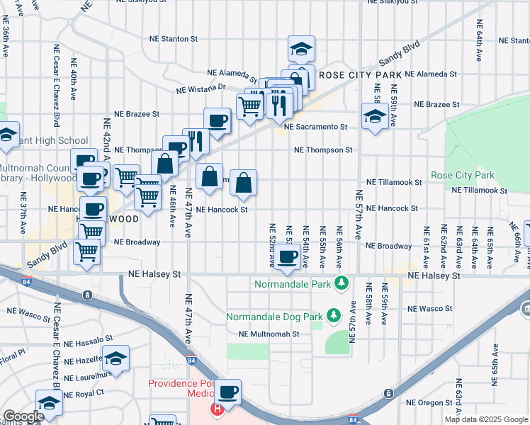map of restaurants, bars, coffee shops, grocery stores, and more near 1833 Northeast 52nd Avenue in Portland