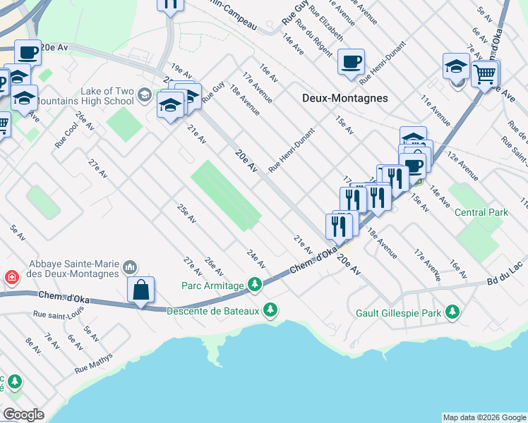 map of restaurants, bars, coffee shops, grocery stores, and more near 260 21e Avenue in Deux-Montagnes