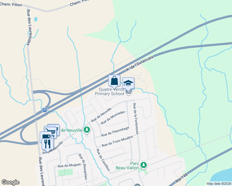 map of restaurants, bars, coffee shops, grocery stores, and more near 207 Rue de Beaujeu in Gatineau