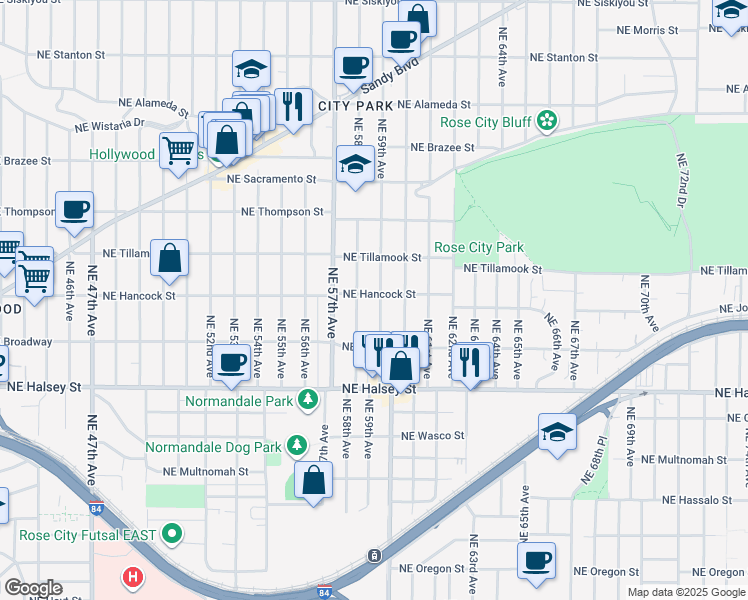 map of restaurants, bars, coffee shops, grocery stores, and more near 1924 Northeast 59th Avenue in Portland