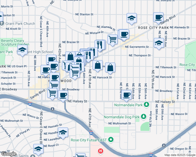map of restaurants, bars, coffee shops, grocery stores, and more near 1927 Northeast 49th Avenue in Portland