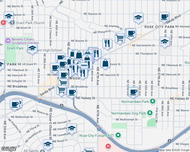 map of restaurants, bars, coffee shops, grocery stores, and more near 1904 Northeast 45th Avenue in Portland