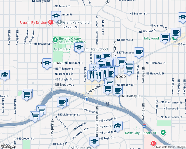 map of restaurants, bars, coffee shops, grocery stores, and more near 1924 Northeast 38th Avenue in Portland