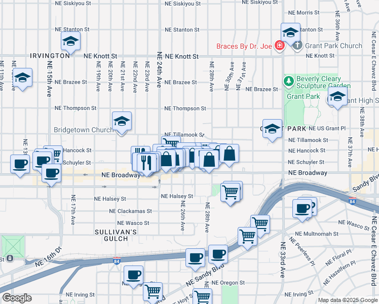 map of restaurants, bars, coffee shops, grocery stores, and more near 2015 Northeast 27th Avenue in Portland