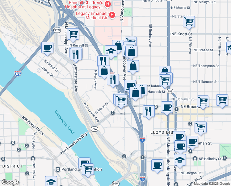 map of restaurants, bars, coffee shops, grocery stores, and more near Interstate 5 in Portland