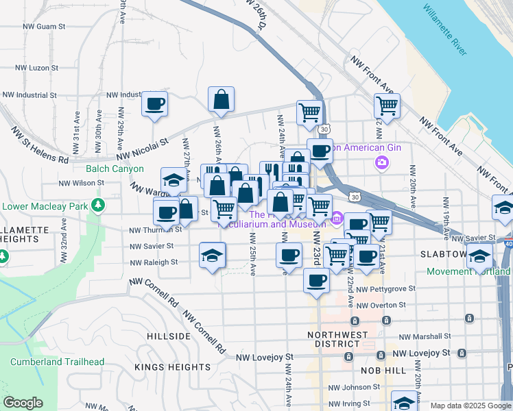 map of restaurants, bars, coffee shops, grocery stores, and more near 2141 Northwest 25th Avenue in Portland