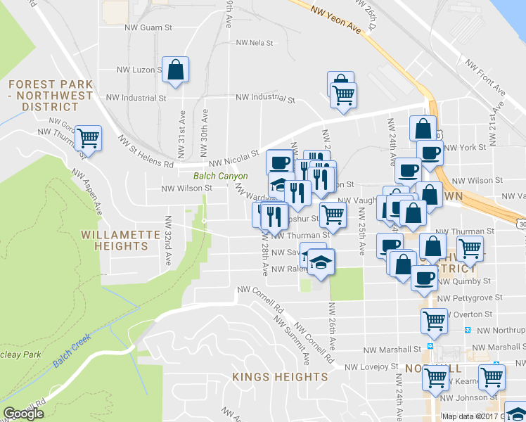 map of restaurants, bars, coffee shops, grocery stores, and more near 2701 Northwest Vaughn Street in Portland