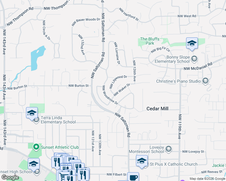 map of restaurants, bars, coffee shops, grocery stores, and more near 12829 Northwest Lilywood Drive in Portland