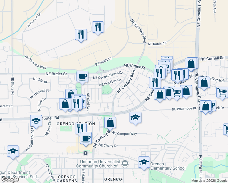 map of restaurants, bars, coffee shops, grocery stores, and more near 1631 Northeast Ashberry Drive in Hillsboro