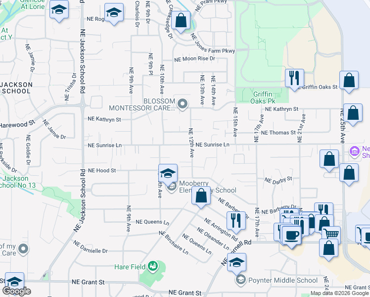 map of restaurants, bars, coffee shops, grocery stores, and more near 1087 Northeast Sunrise Lane in Hillsboro
