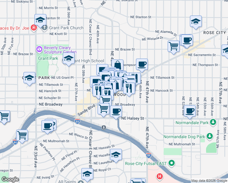 map of restaurants, bars, coffee shops, grocery stores, and more near 4225 Northeast Sandy Boulevard in Portland