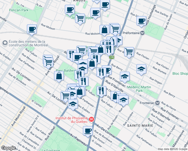 map of restaurants, bars, coffee shops, grocery stores, and more near 3490 Rue D'Iberville in Montréal