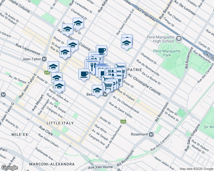 map of restaurants, bars, coffee shops, grocery stores, and more near in Montreal