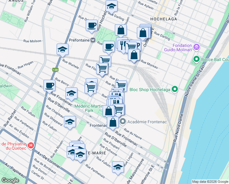 map of restaurants, bars, coffee shops, grocery stores, and more near in Montreal