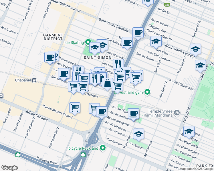 map of restaurants, bars, coffee shops, grocery stores, and more near in Montréal