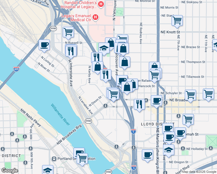 map of restaurants, bars, coffee shops, grocery stores, and more near 1871 North Flint Avenue in Portland