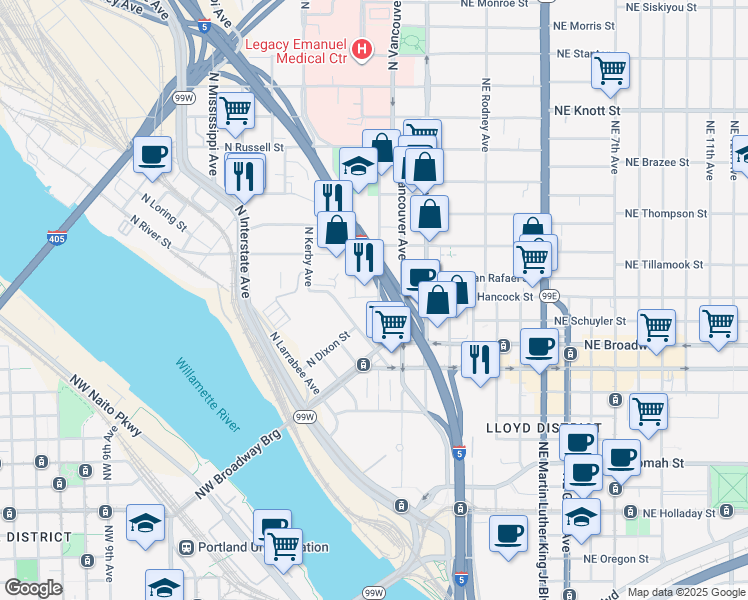 map of restaurants, bars, coffee shops, grocery stores, and more near Interstate 5 in Portland