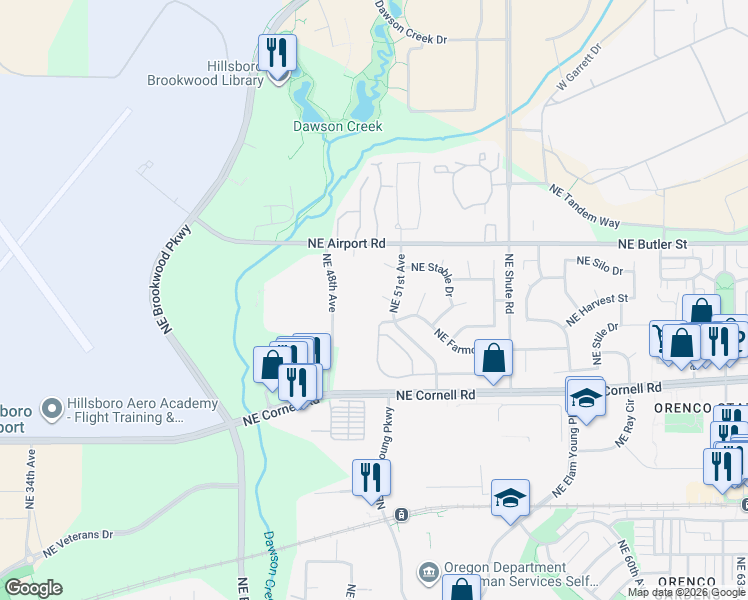map of restaurants, bars, coffee shops, grocery stores, and more near 5022 Northeast Saddle Court in Hillsboro