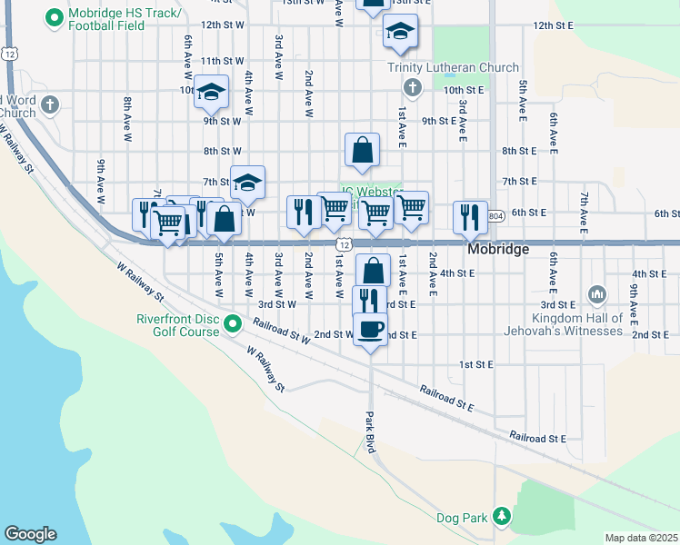map of restaurants, bars, coffee shops, grocery stores, and more near 405 1st Avenue West in Mobridge