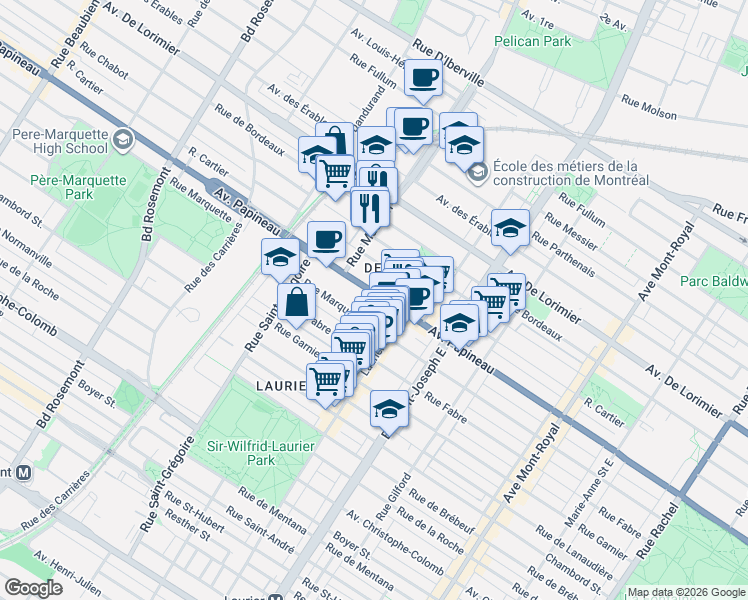 map of restaurants, bars, coffee shops, grocery stores, and more near 5176 Avenue Papineau in Montréal