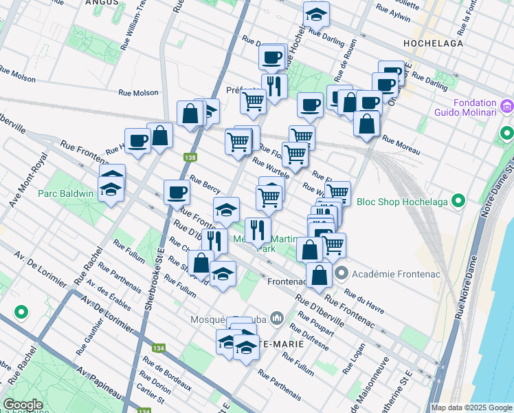 map of restaurants, bars, coffee shops, grocery stores, and more near 2301 Rue Bercy in Montréal