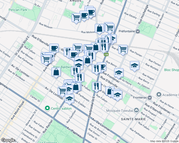 map of restaurants, bars, coffee shops, grocery stores, and more near in Montréal