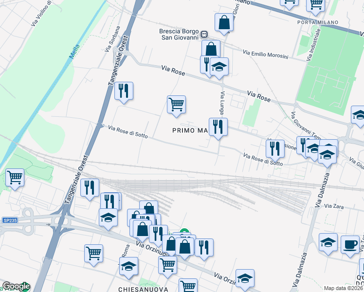 map of restaurants, bars, coffee shops, grocery stores, and more near 16A Via Lunga in Brescia
