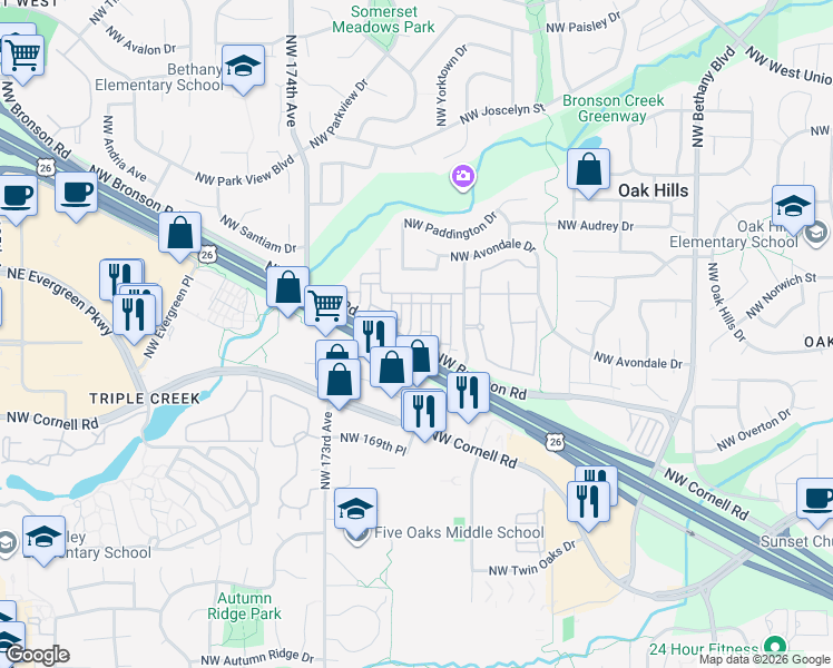 map of restaurants, bars, coffee shops, grocery stores, and more near 2407 Northwest Roseburg Terrace in Beaverton