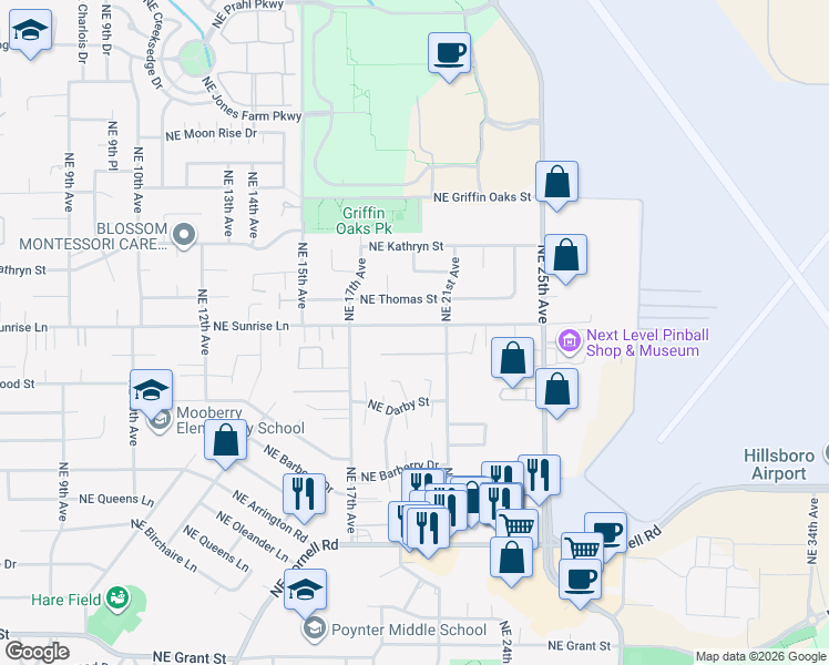 map of restaurants, bars, coffee shops, grocery stores, and more near 1948 Northeast Sunrise Lane in Hillsboro